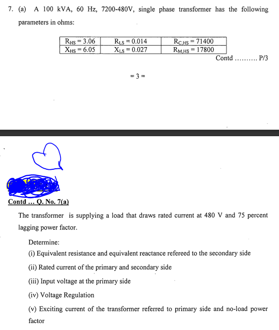 Solved 7. (a) A 100kVA,60 Hz,7200−480 V, single phase | Chegg.com