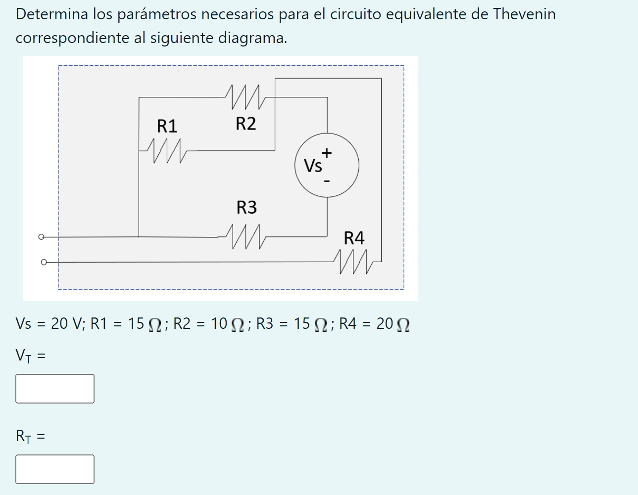 Determina los parámetros necesarios para el circuito equivalente de Thevenin correspondiente al siguiente diagrama. \[ \begin