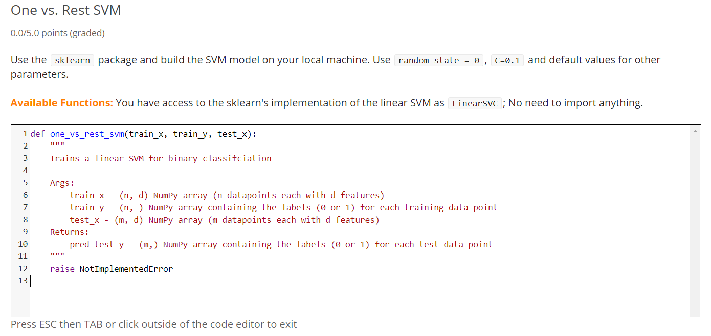 Solved One vs. Rest SVM 0.0/5.0 points (graded) Use the | Chegg.com