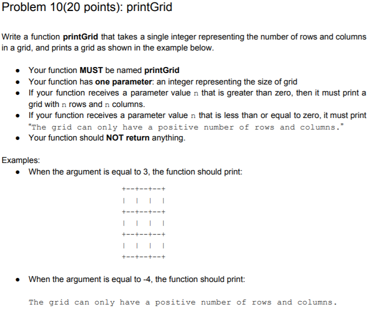 Solved Problem 10(20 points): printGrid Write a function | Chegg.com