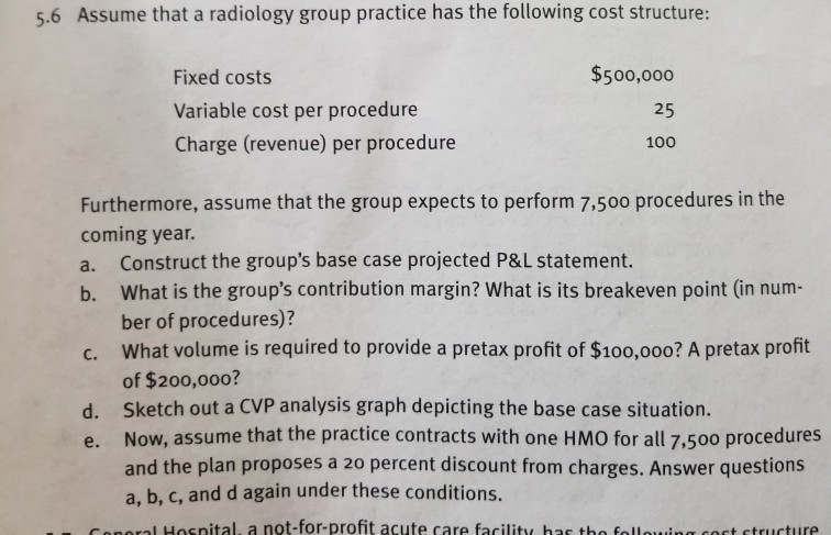 5.6 assume that a radiology group practice has the following cost structure: $500,000 fixed costs variable cost per procedure