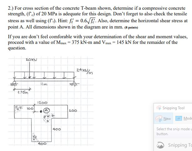 Solved 2.) For cross section of the concrete T-beam shown, | Chegg.com