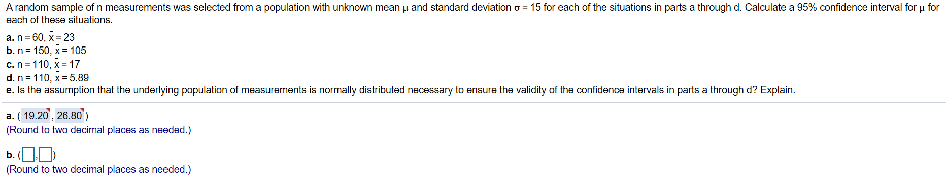 Solved A random sample of n measurements was selected from a | Chegg.com