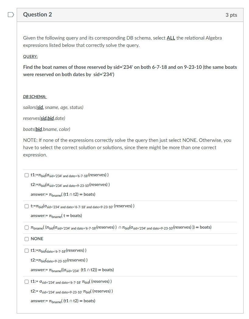 Solved u Question 2 3 pts Given the following query and its | Chegg.com