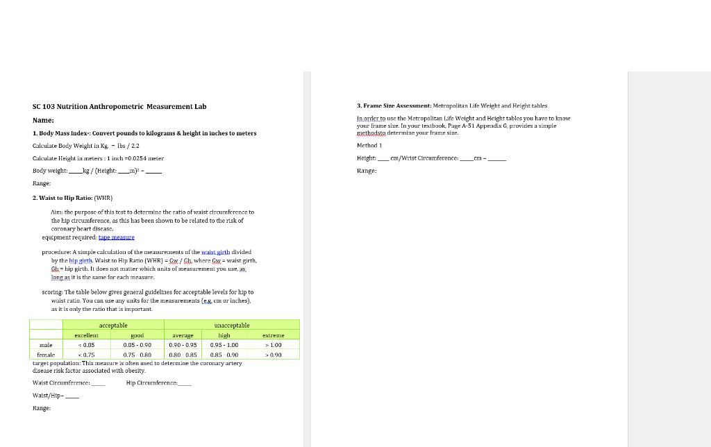 Solved SC 103 Nutrition Anthropometric Measurement Lab Name