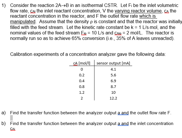 Solved 1) Consider the reaction 2A™B in an isothermal CSTR. | Chegg.com