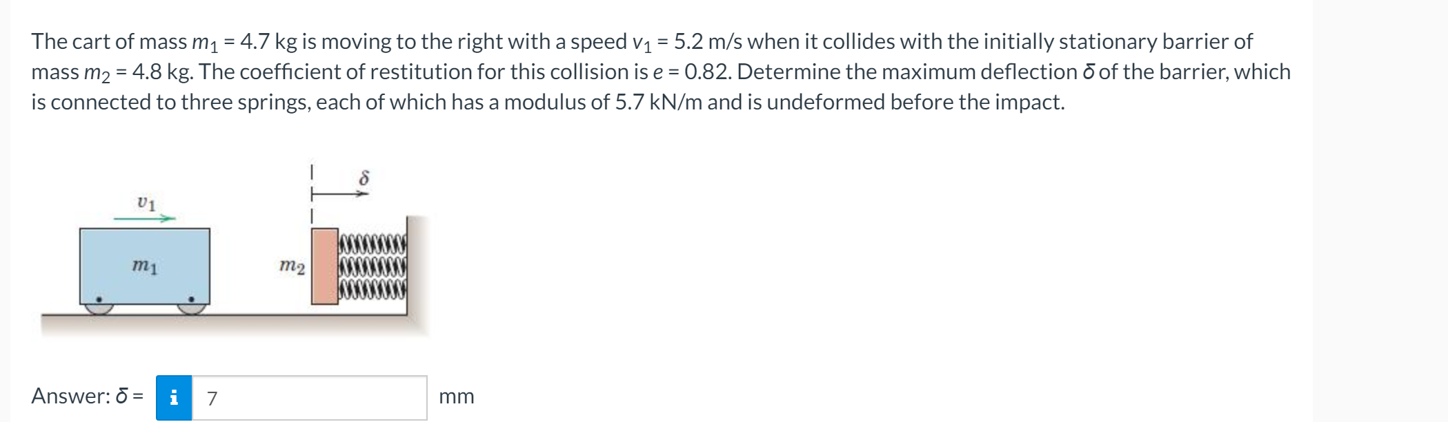 Solved The cart of mass m1 = 4.7 kg is moving to the right | Chegg.com