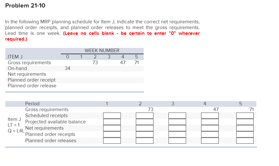 Solved Problem 2110 In the following MRP planning schedule