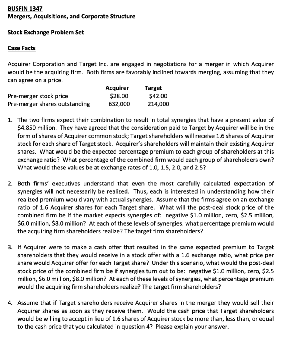 BUSFIN 1347 Mergers Acquisitions and Corporate Chegg com