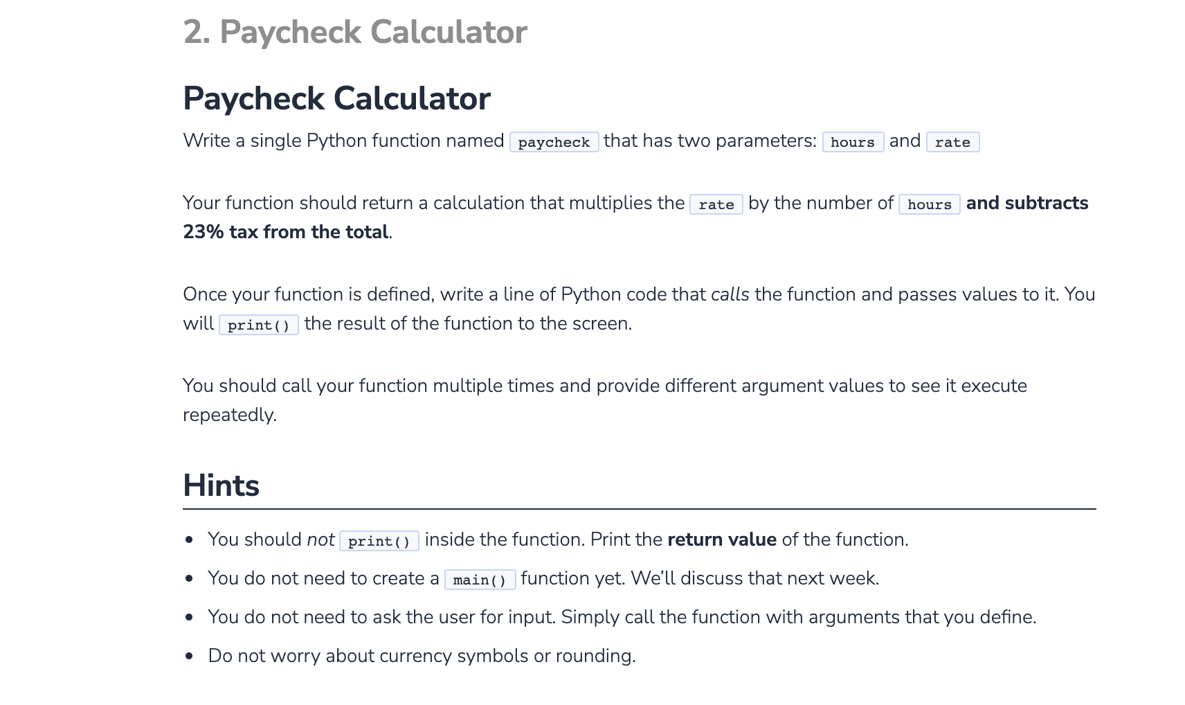 Solved 2. Paycheck Calculator Paycheck Calculator Write a | Chegg.com