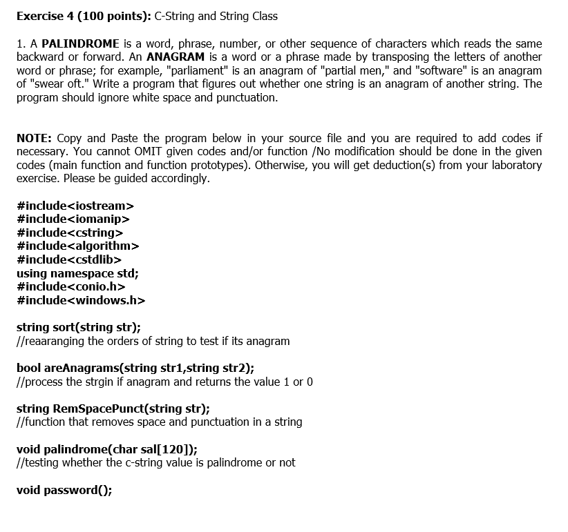 Exercise 4 100 Points C String And String Class 1 A PALINDROME Is A 