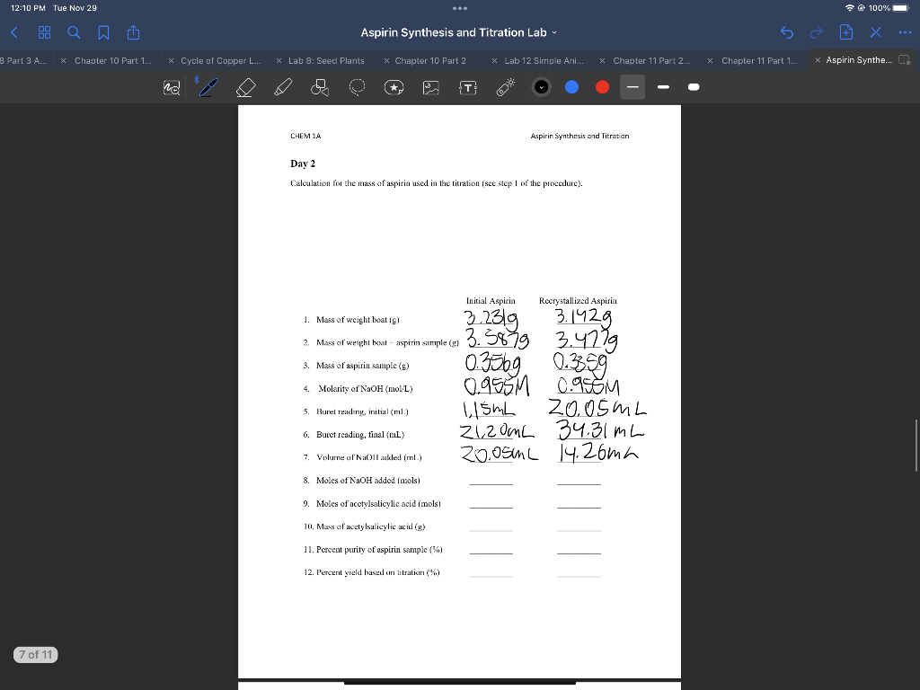 1210PM Tue Nov 29 Aspirin Synthesis and Titration