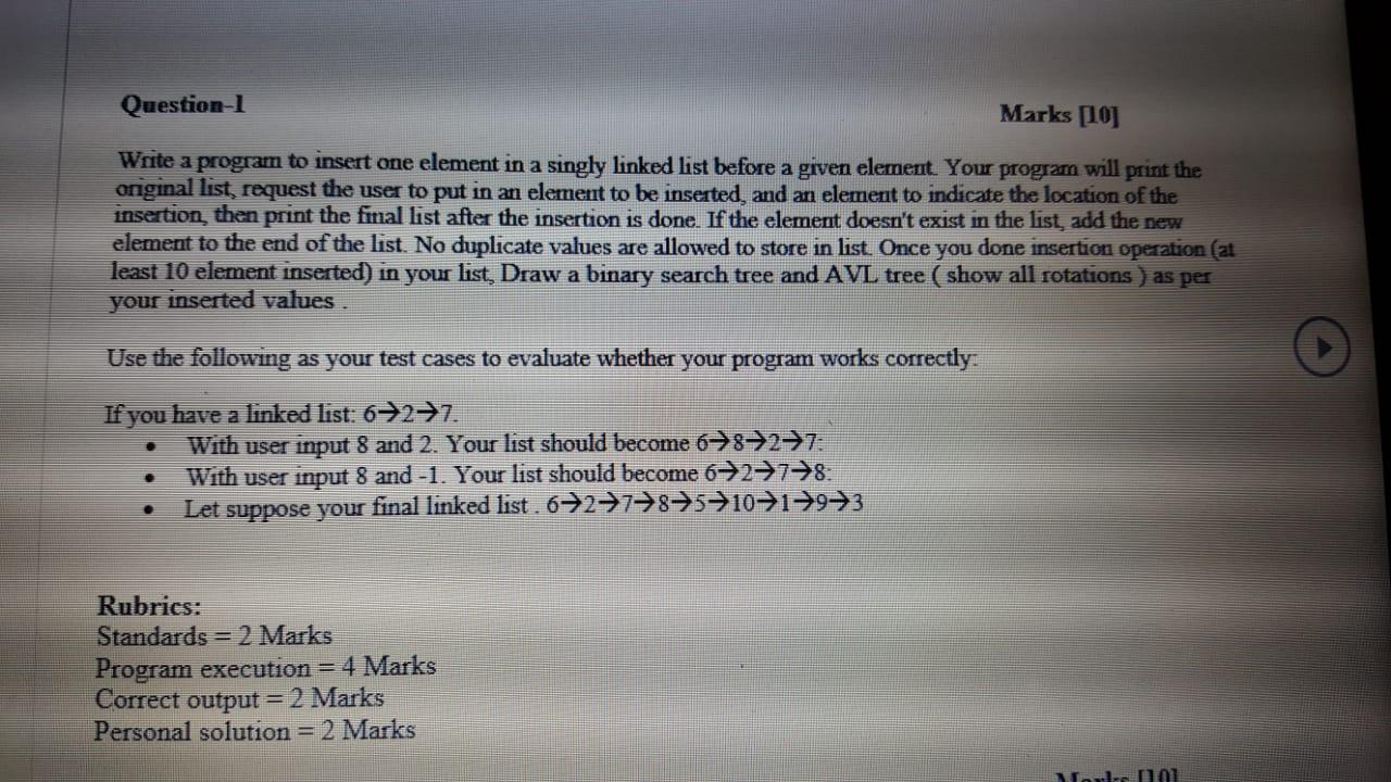 Solved Question-1 Marks [10] Write a program to insert one | Chegg.com