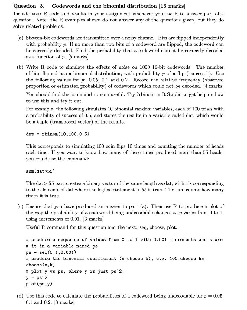 Question 3 Codewords And The Binomial Distributio Chegg Com