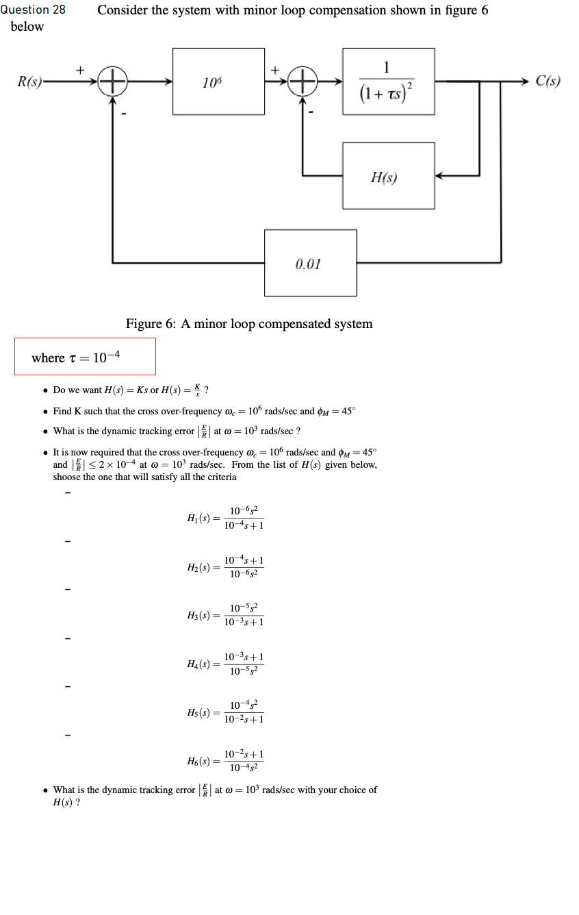Solved Question 28 below Consider the system with minor loop | Chegg.com