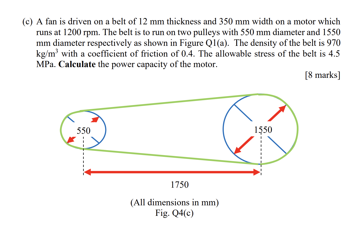 (c) A fan is driven on a belt of \( 12 \mathrm{~mm} \) thickness and \( 350 \mathrm{~mm} \) width on a motor which runs at \(
