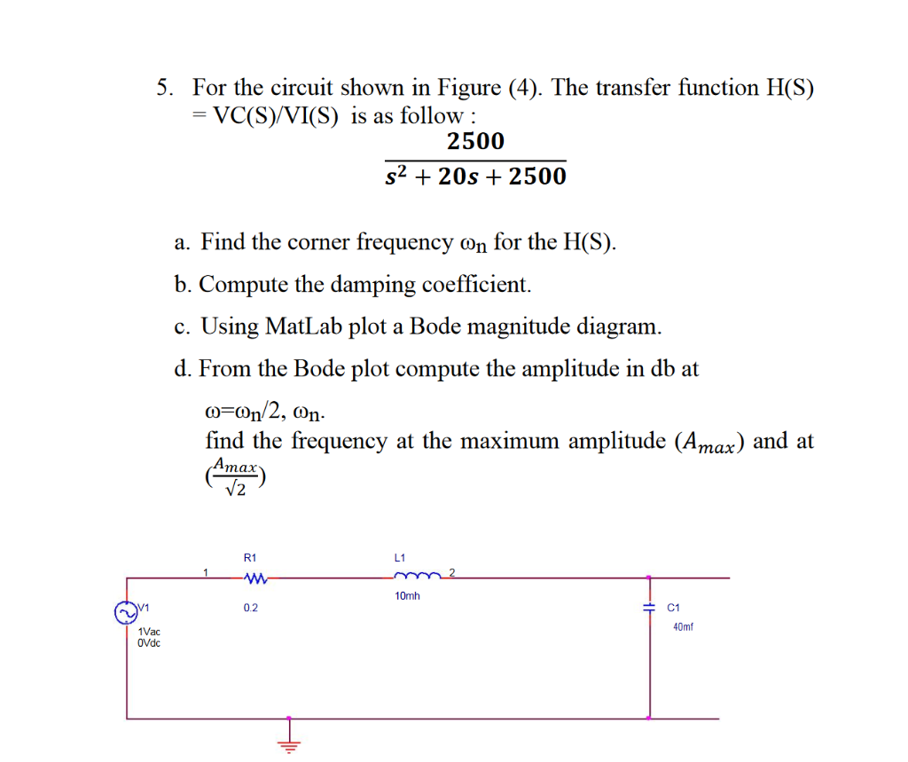 Solved 5. For the circuit shown in Figure (4). The transfer | Chegg.com