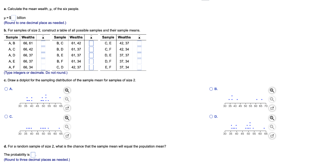 a. Calculate the mean wealth, ?, of the six people.
?=$ billion
(Round to one decimal place as needed.)
b. For samples of siz