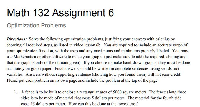 Solved Math 132 Assignment 6 Optimization Problems | Chegg.com
