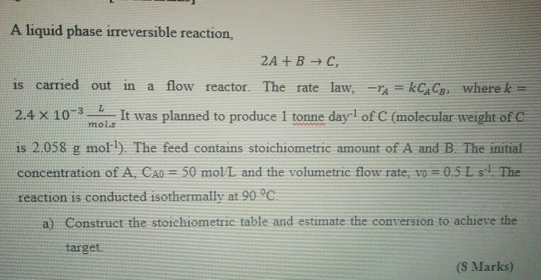 Solved A liquid phase irreversible reaction, 2A + B C is | Chegg.com