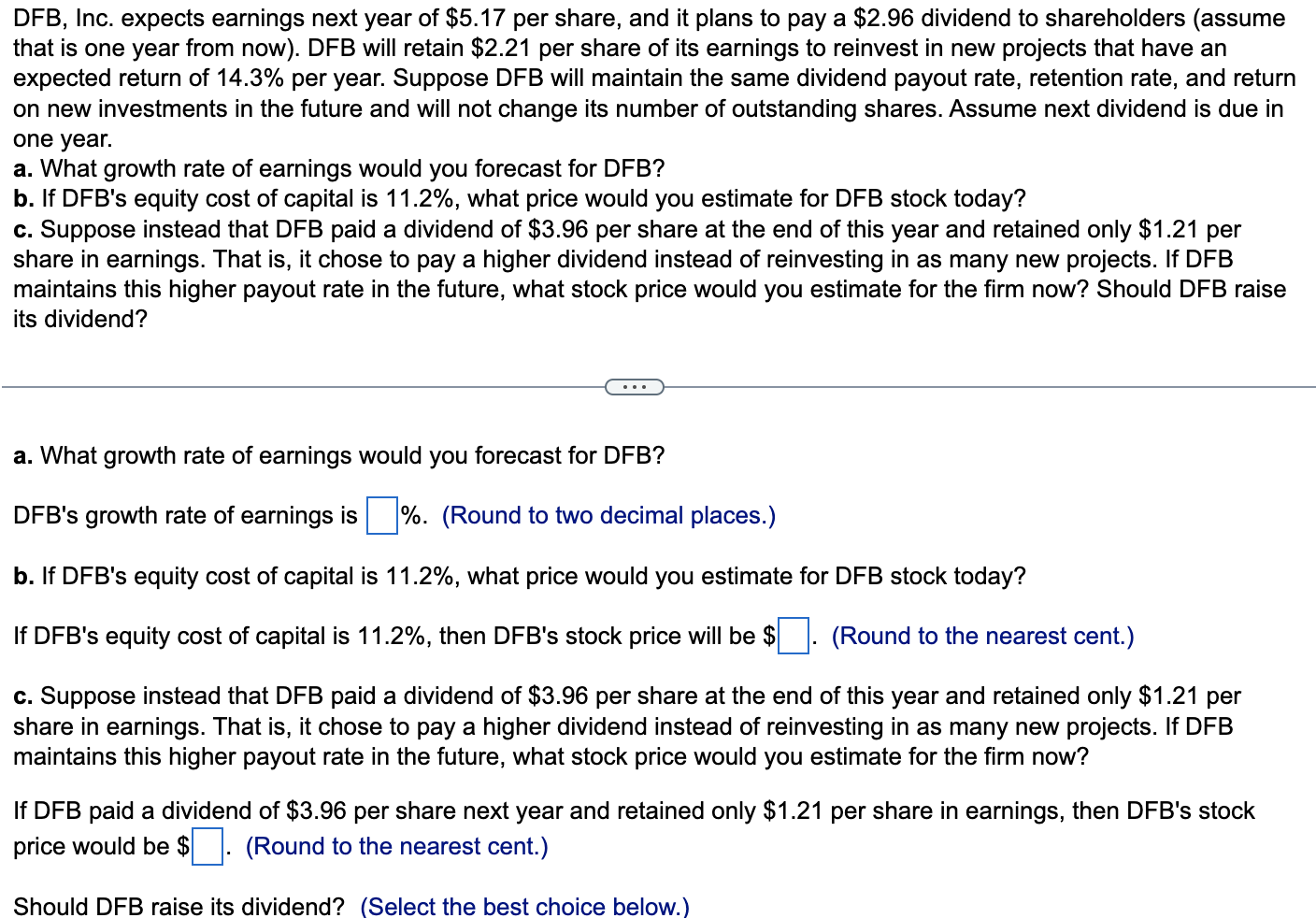 Solved DFB, Inc. Expects Earnings Next Year Of $5.17 Per | Chegg.com