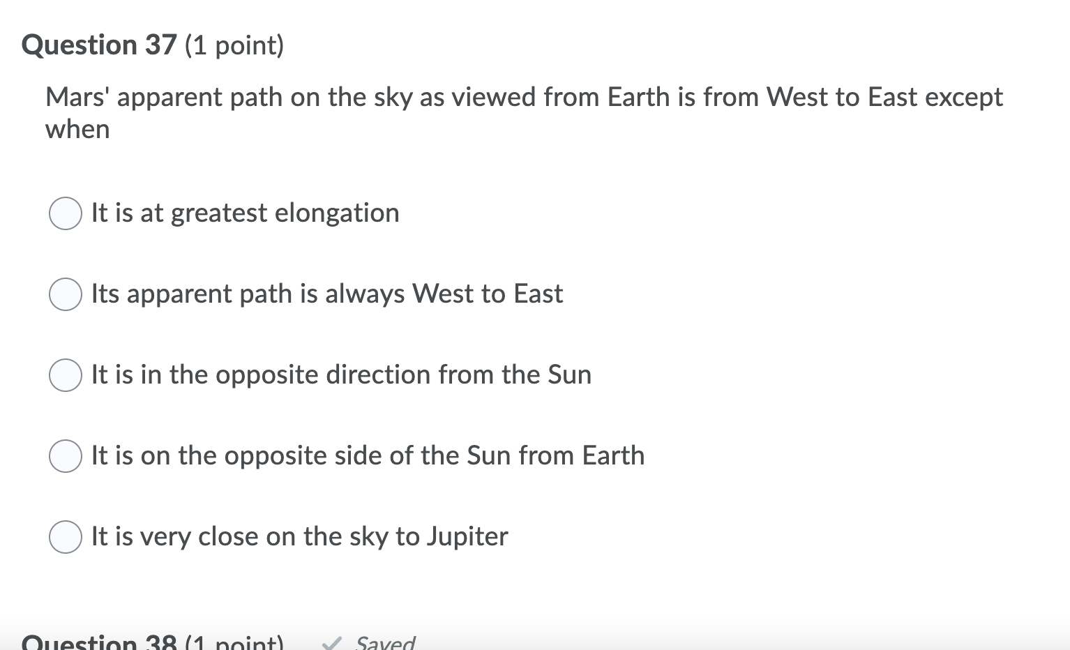 Solved Question 37 (1 point) Mars' apparent path on the sky | Chegg.com