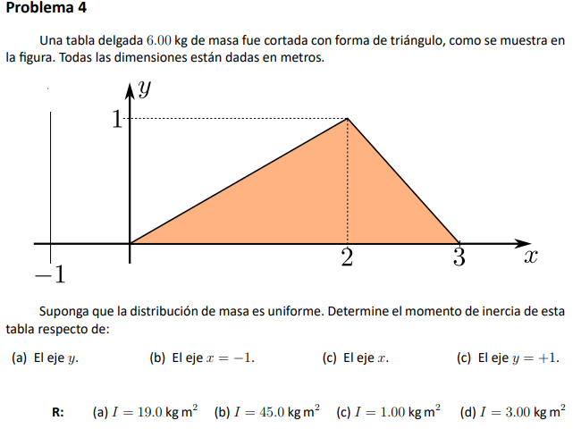 Una tabla delgada \( 6.00 \mathrm{~kg} \) de masa fue cortada con forma de triángulo, como se muestra en la figura. Todas las