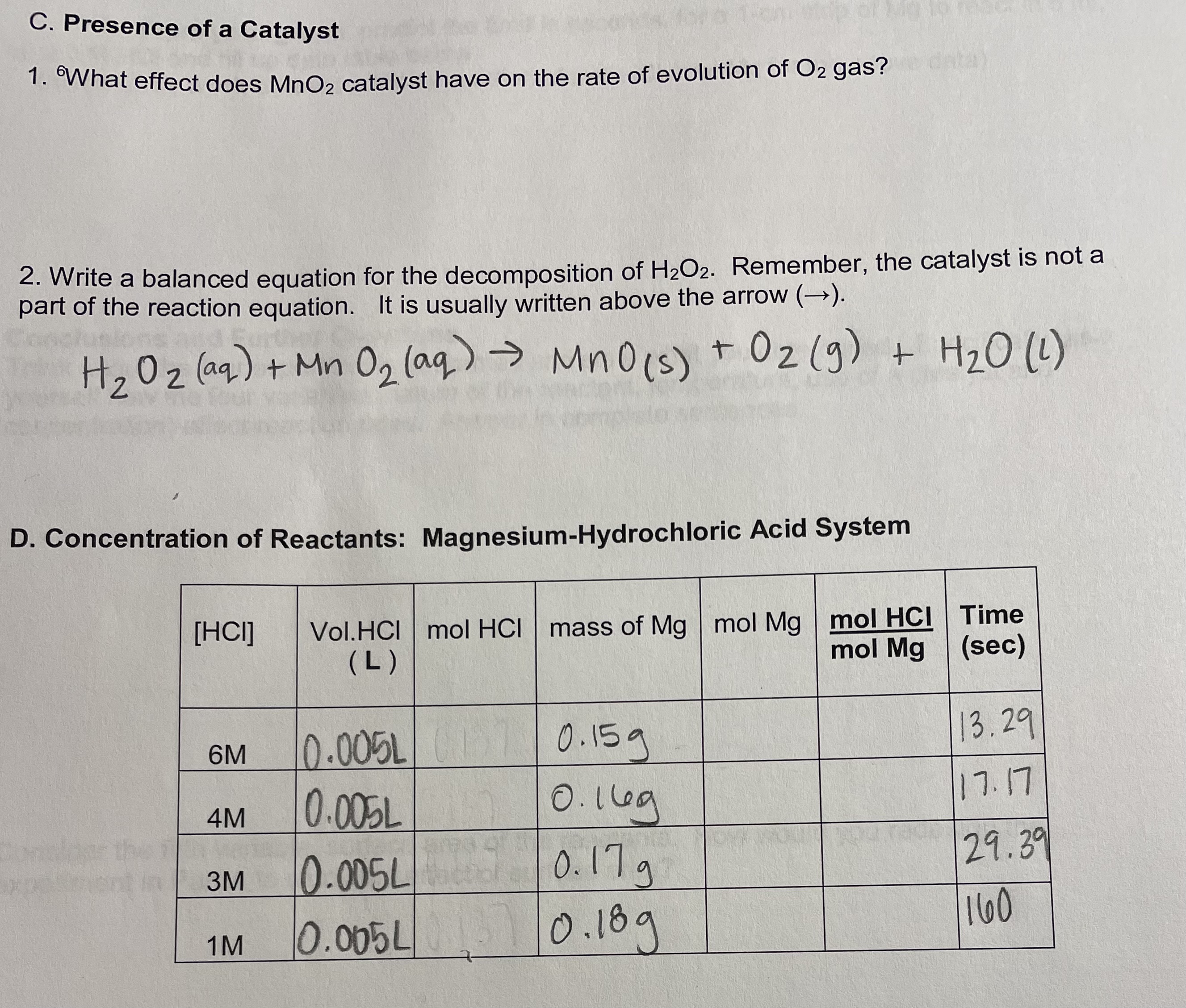 Solved C. Presence of a Catalyst 1. What effect does MnO2 | Chegg.com