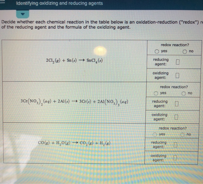 Solved Identifying oxidizing and reducing agents Decide
