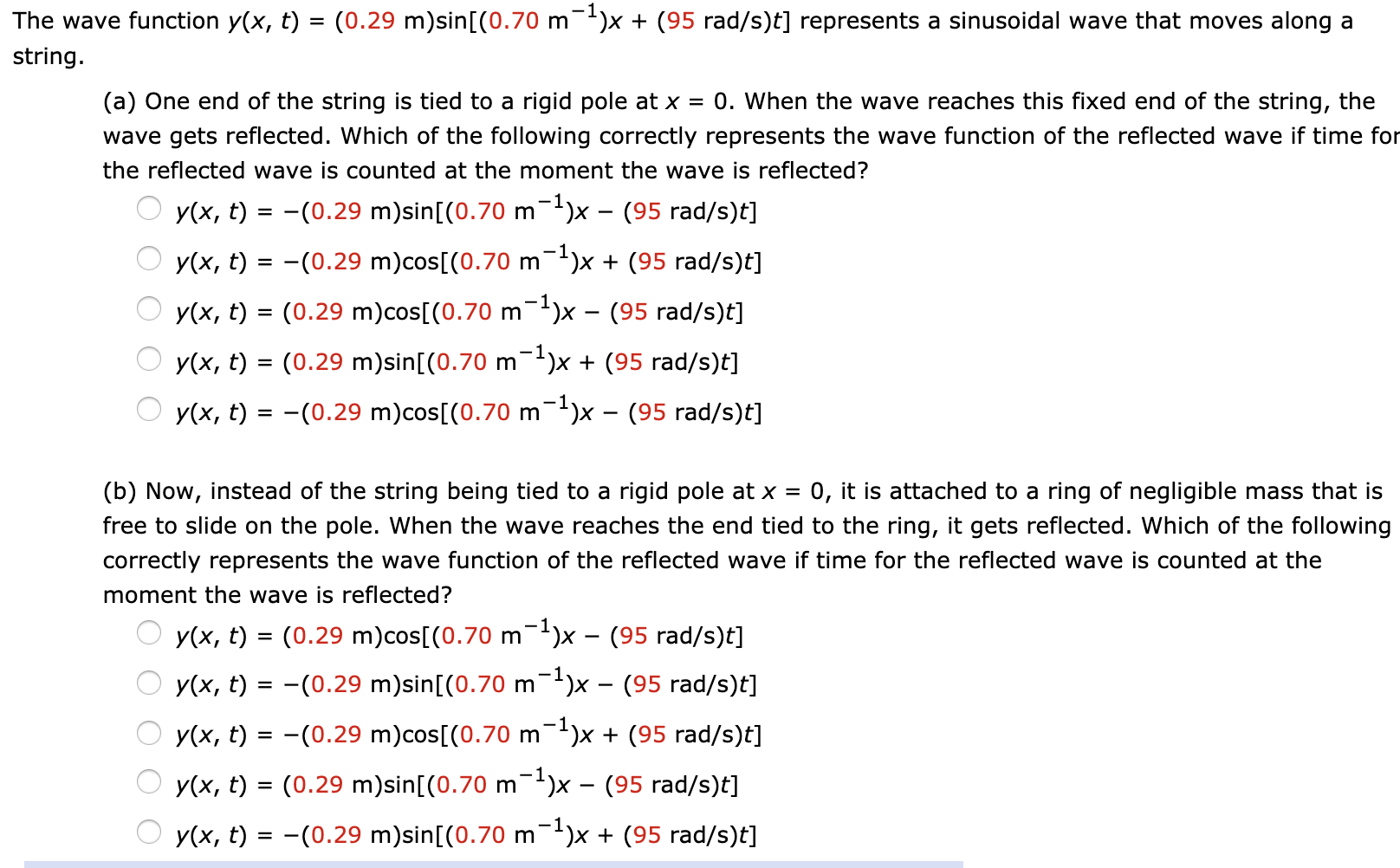 Solved The wave function y(x, t) = (0.29 m)sin[(0.70 m~?)X + | Chegg.com