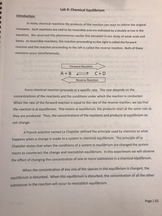 Solved Lab 9: Chemical Equilibrium In many chemical | Chegg.com