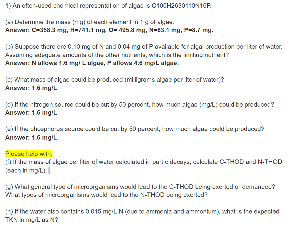 1 An Often Used Chemical Representation Of Algae Chegg Com