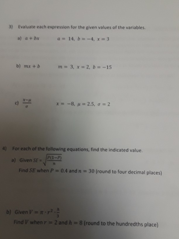 Solved 3) Evaluate each expression for the given values of | Chegg.com