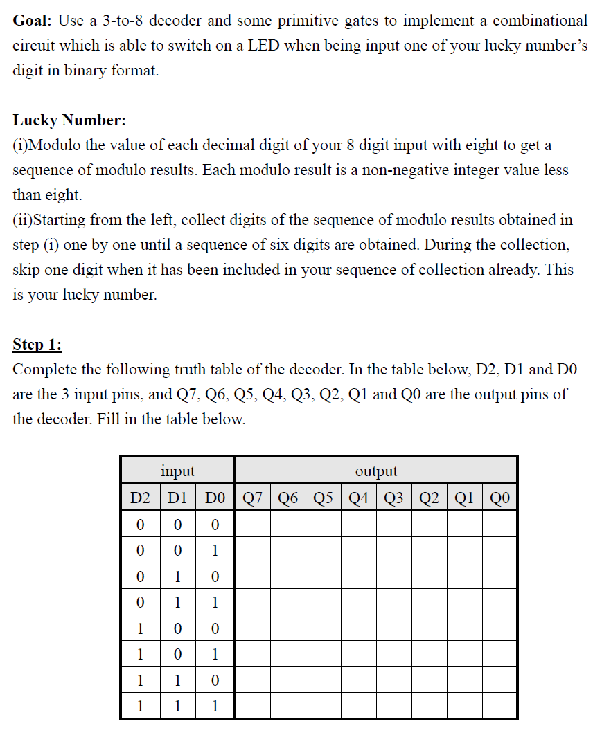 Solved Goal: Use a 3-to-8 decoder and some primitive gates | Chegg.com