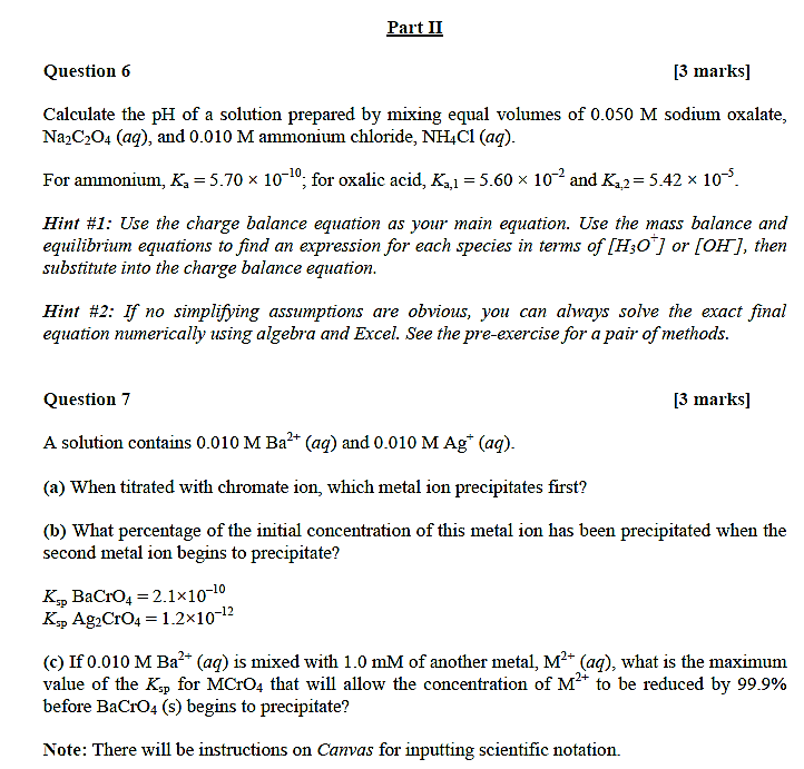 Solved Part Ii Question6 [3 Marks] Calculate The Ph Of A 