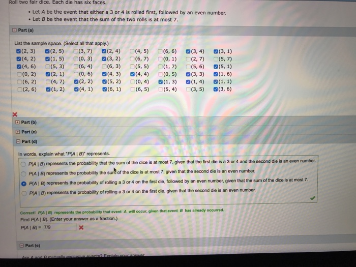 Solved Roll Two Fair Dice. Each Dle Has Six Faces. Let A Be | Chegg.com