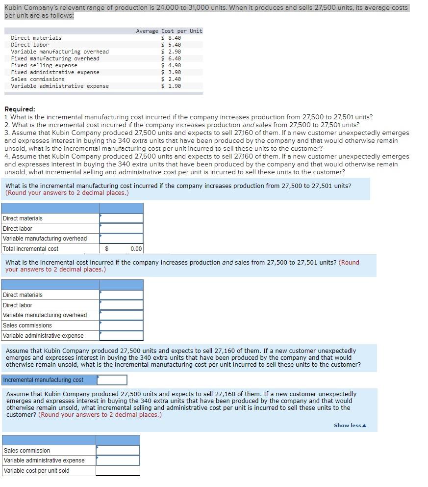 Solved Kubin Company's relevant range of production is | Chegg.com