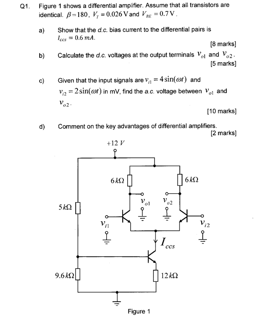 Solved Q1. Figure 1 shows a differential amplifier. Assume | Chegg.com