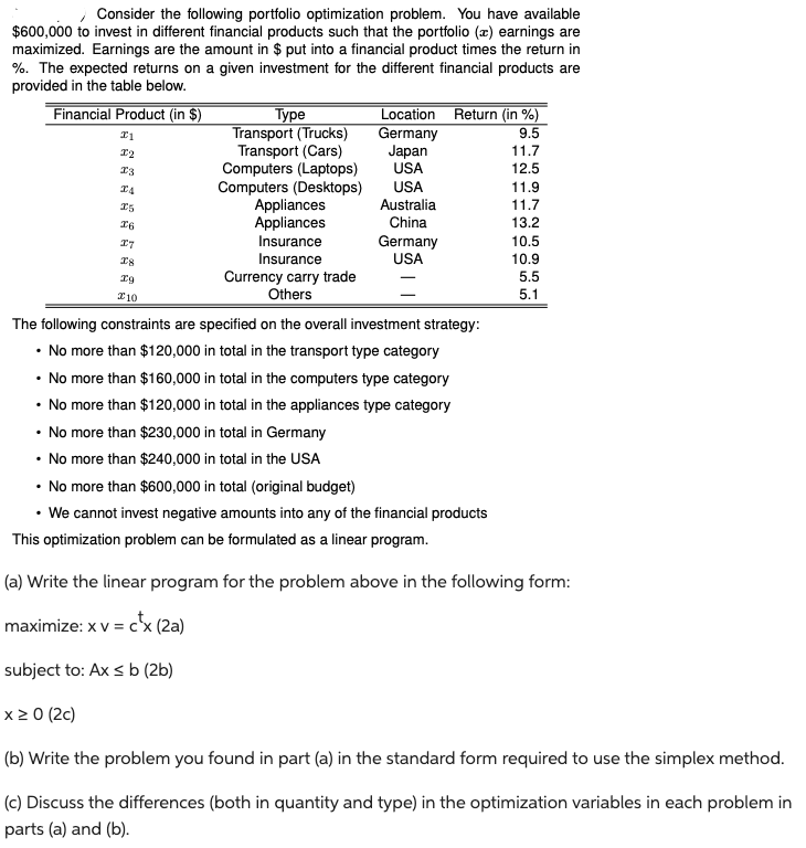 Consider the following portfolio optimization | Chegg.com