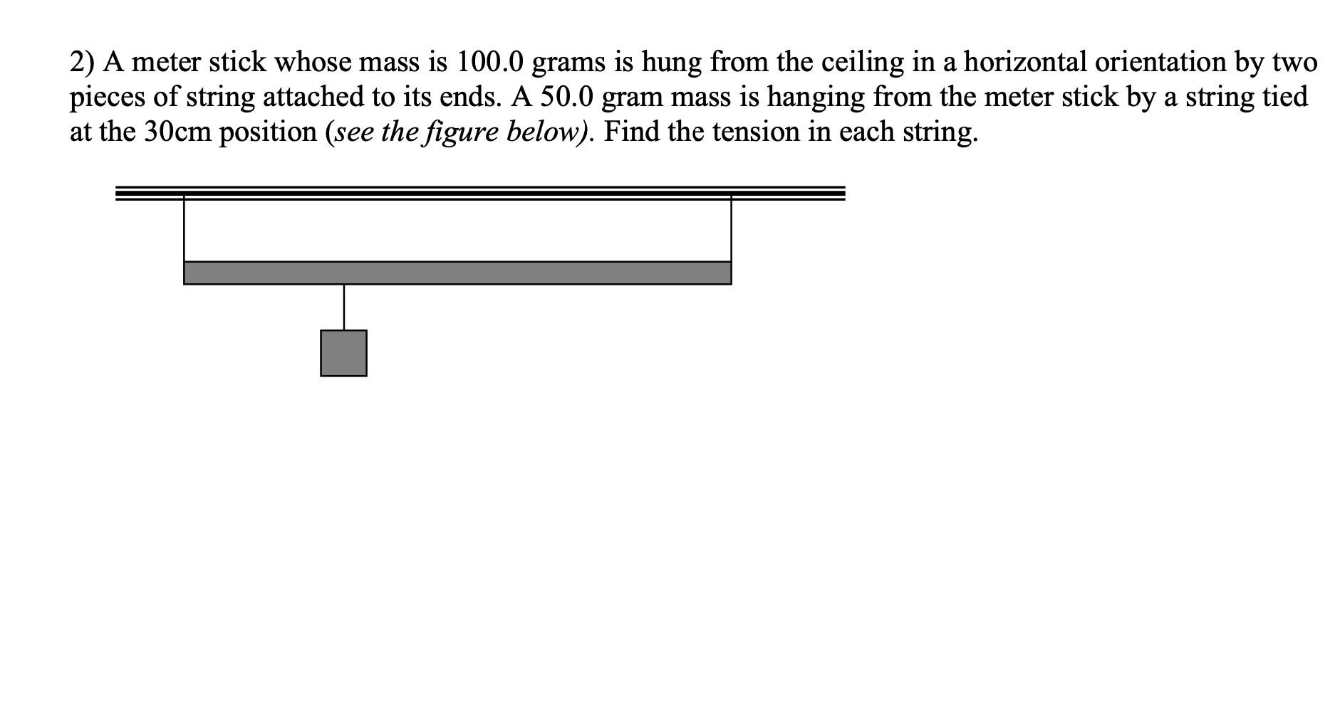 Solved 2) A meter stick whose mass is 100.0 grams is hung | Chegg.com