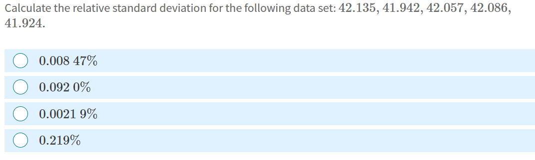 Solved Calculate the relative standard deviation for the | Chegg.com