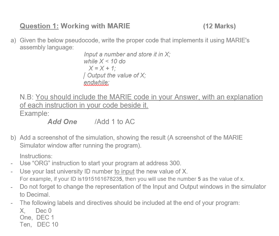 Solved Question 1: Working with MARIE (12 Marks) a) Given | Chegg.com