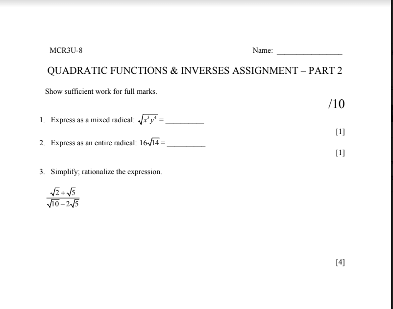 mcr3u quadratic functions assignment