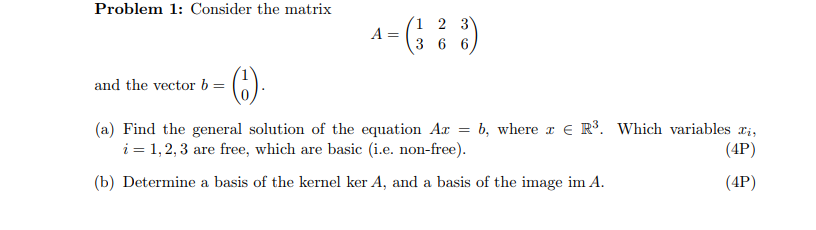 Solved Problem 1: Consider the matrix 1 2 3 A-3 6 6) and the | Chegg.com