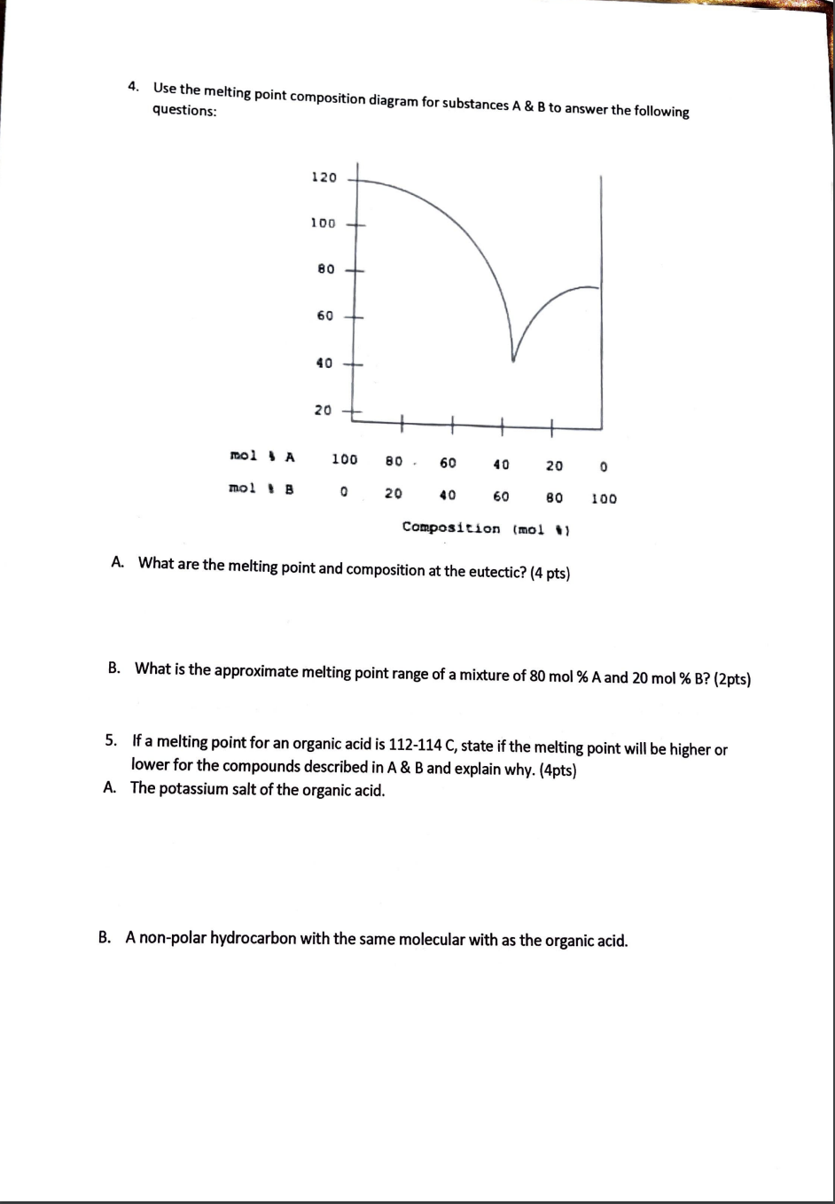 4. Use the melting point composition diagram for substances A \& B to answer the following questions:
A. What are the melting