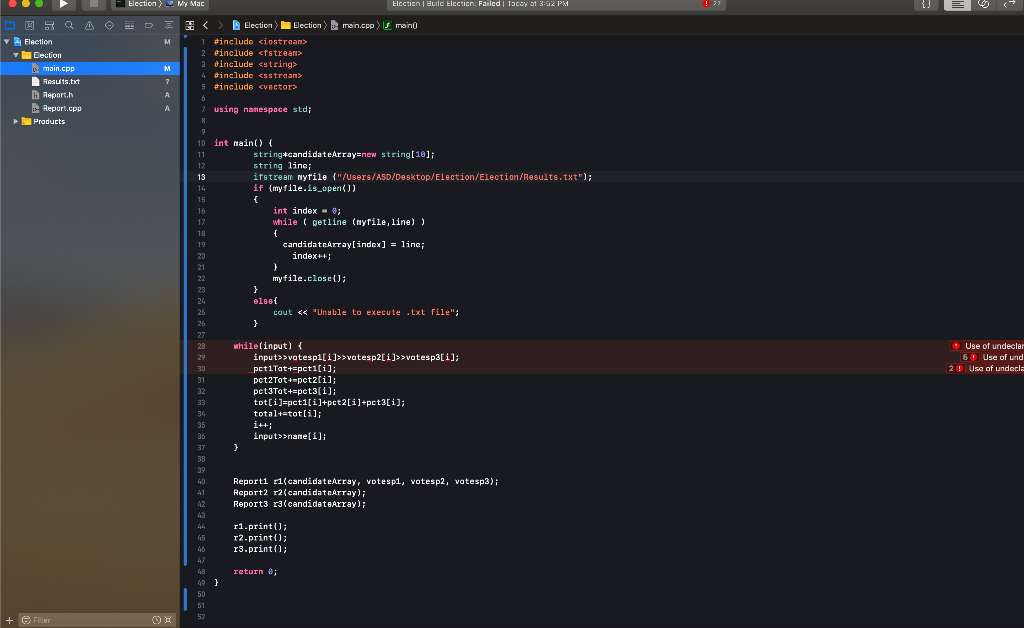 Election My Mac Elcction | Build Elcction: Failed | Tacy ot 3:02 PM Election dection main.cpp ) main 1#include <iostrean Elec