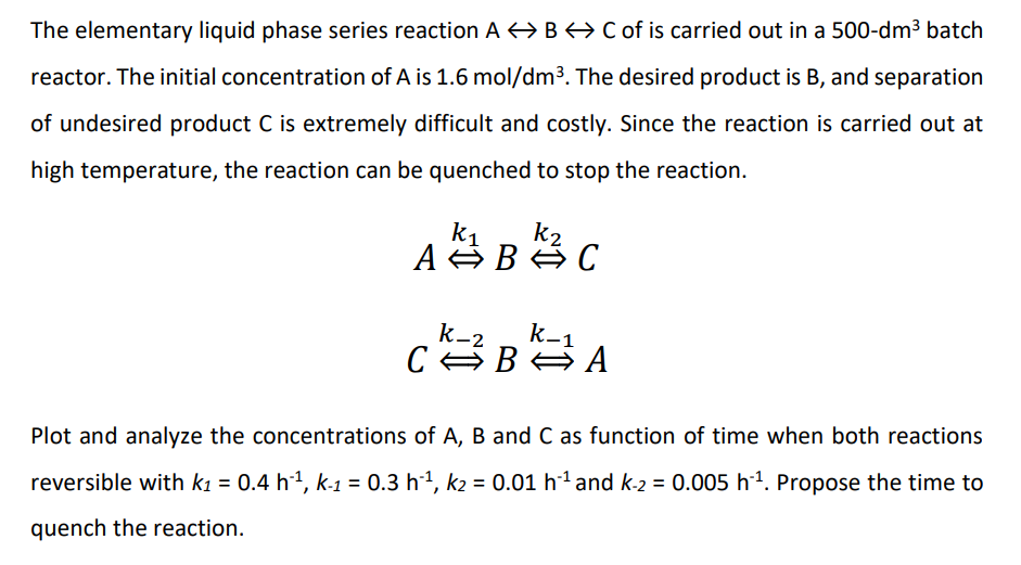 Solved The Elementary Liquid Phase Series Reaction ABC Of Is | Chegg.com