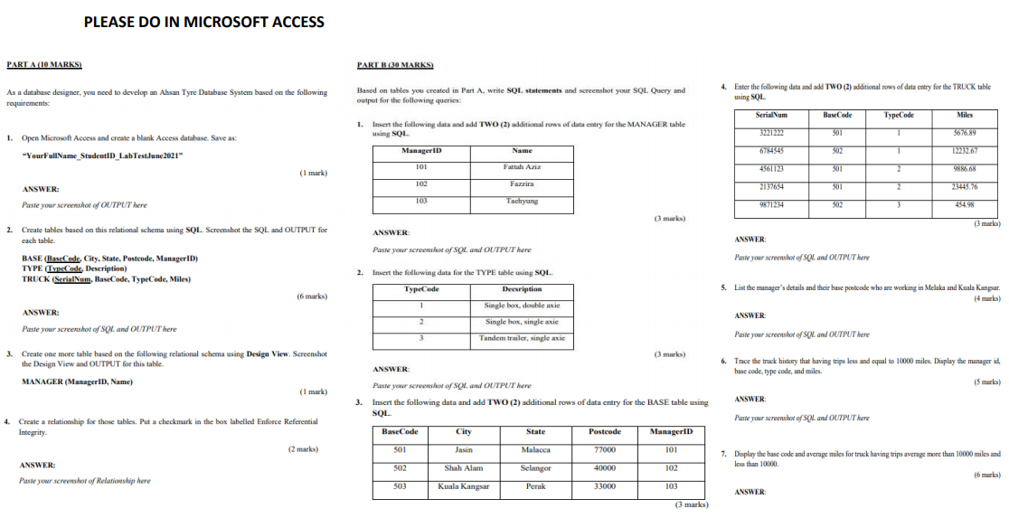 PLEASE DO IN MICROSOFT ACCESS PART A (10 MARKS PART B | Chegg.com