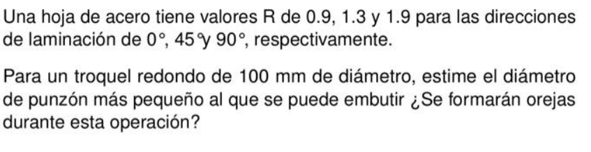 Una hoja de acero tiene valores \( \mathrm{R} \) de \( 0.9,1.3 \) y 1.9 para las direcciones de laminación de \( 0^{\circ}, 4