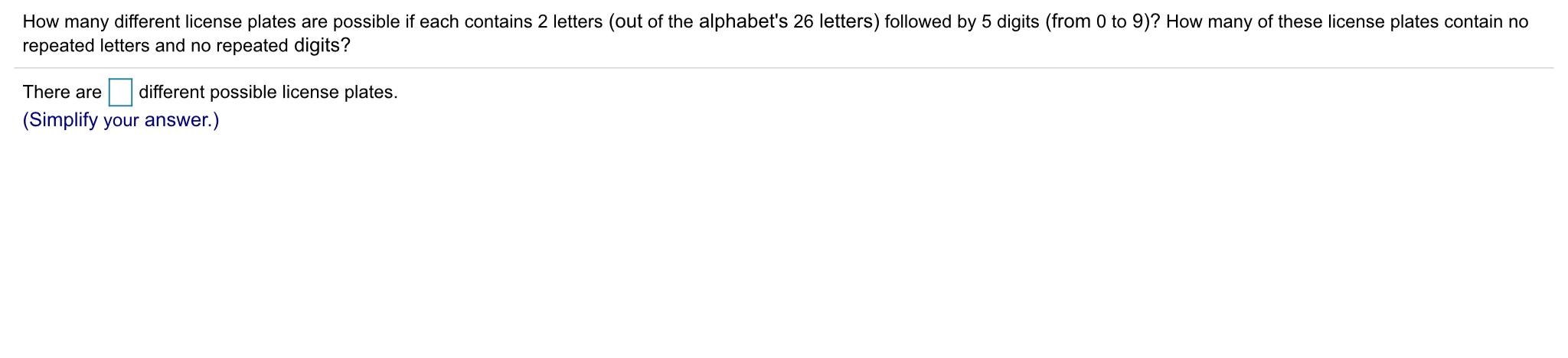 Solved How many different license plates are possible if | Chegg.com